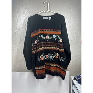Vintage Carolyn Taylor Sweater Floral Embroidery Cottagecore Knit Size Medium
